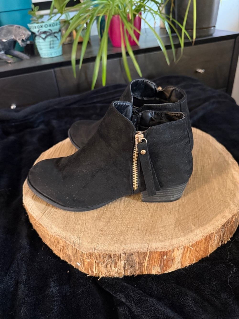 Women’s Black Suede Ankle Booties with Gold Zip Accent